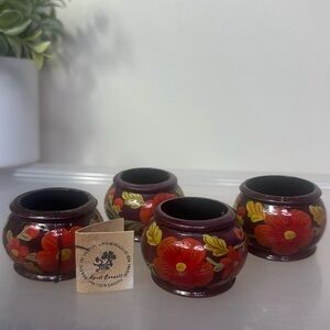 Vintage April Cornell Folk Art Floral Wood Hand Painted Napkin‎ Rings Set of 4